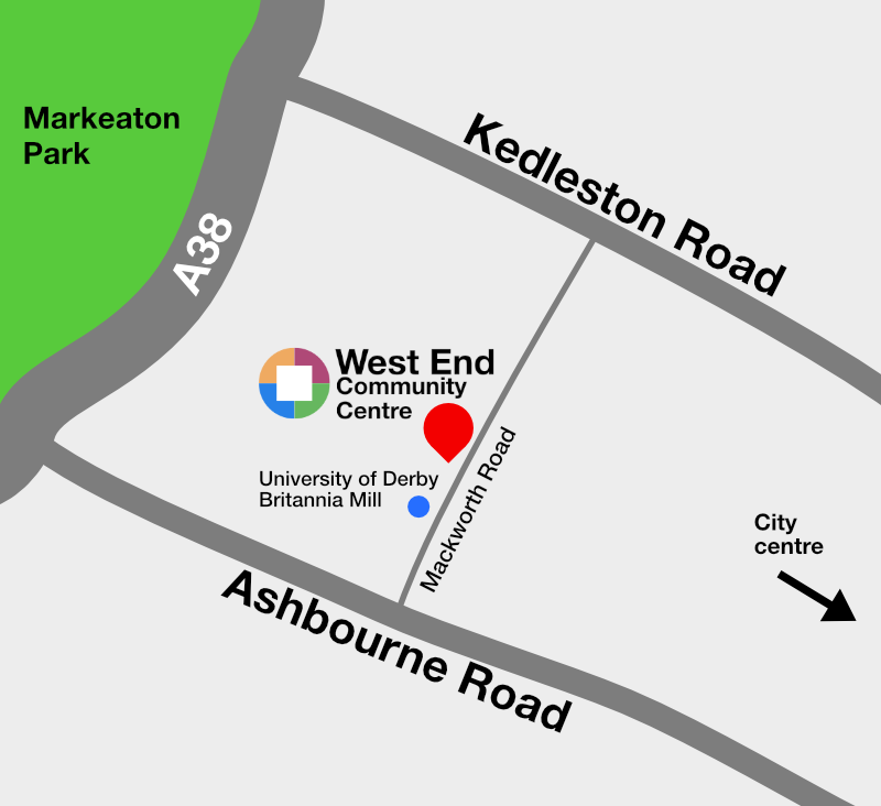 Simple map showing the location of West End Community Centre